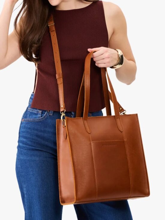 Portland Leather Handbags - Portland Leather Goods Vertical Large Lola Zipper Crossbody Tote in Honey
